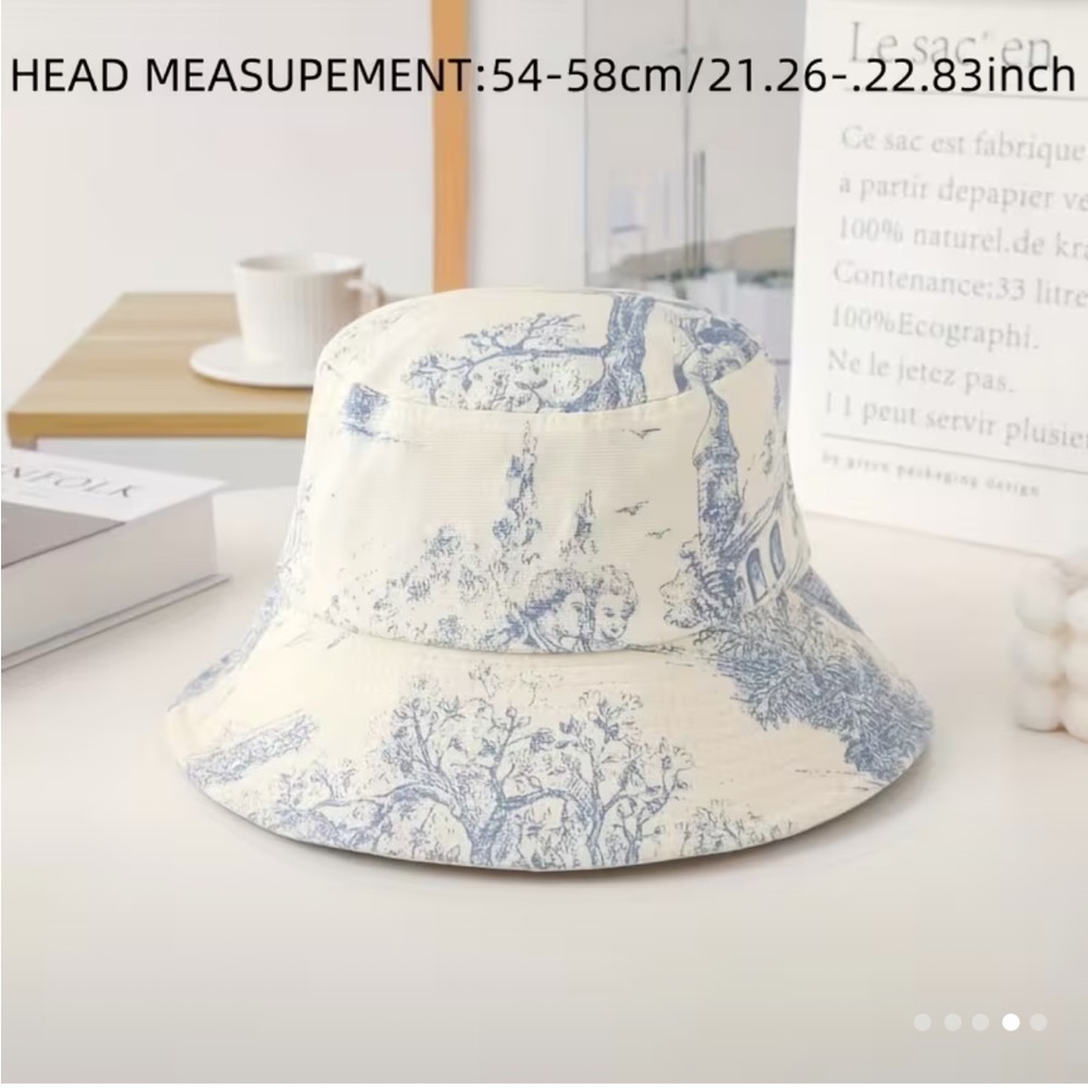 Cream and Blue Toile Foldable Bucket Hat One Size - Picture 3 of 7